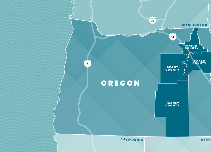 map show Baker, Grant, Harney, and Union Counties in eastern Oregon